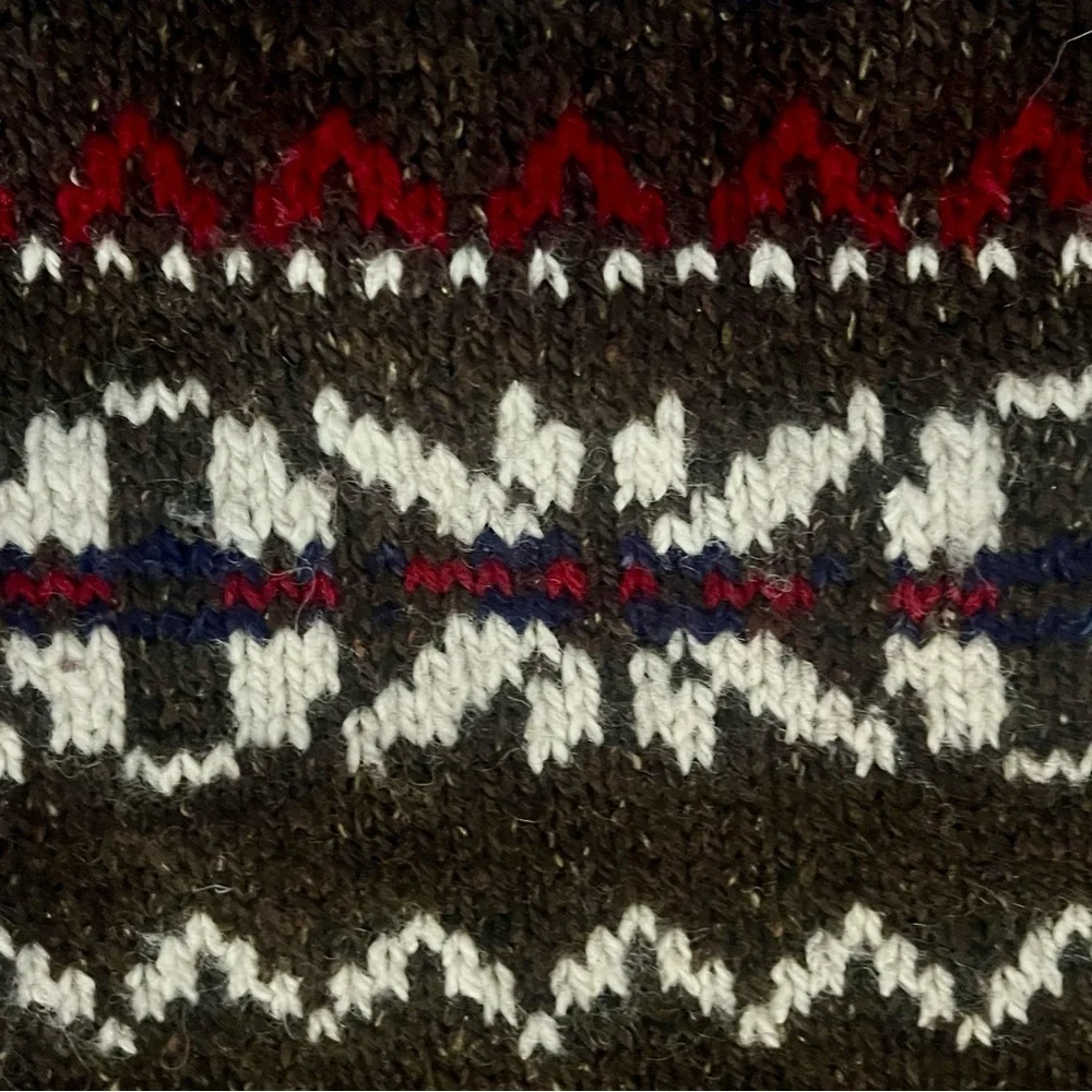 Vintage Wool Sweater Brown/Red Men Medium Fair Isle Nordic Thick Knit Snowflakes